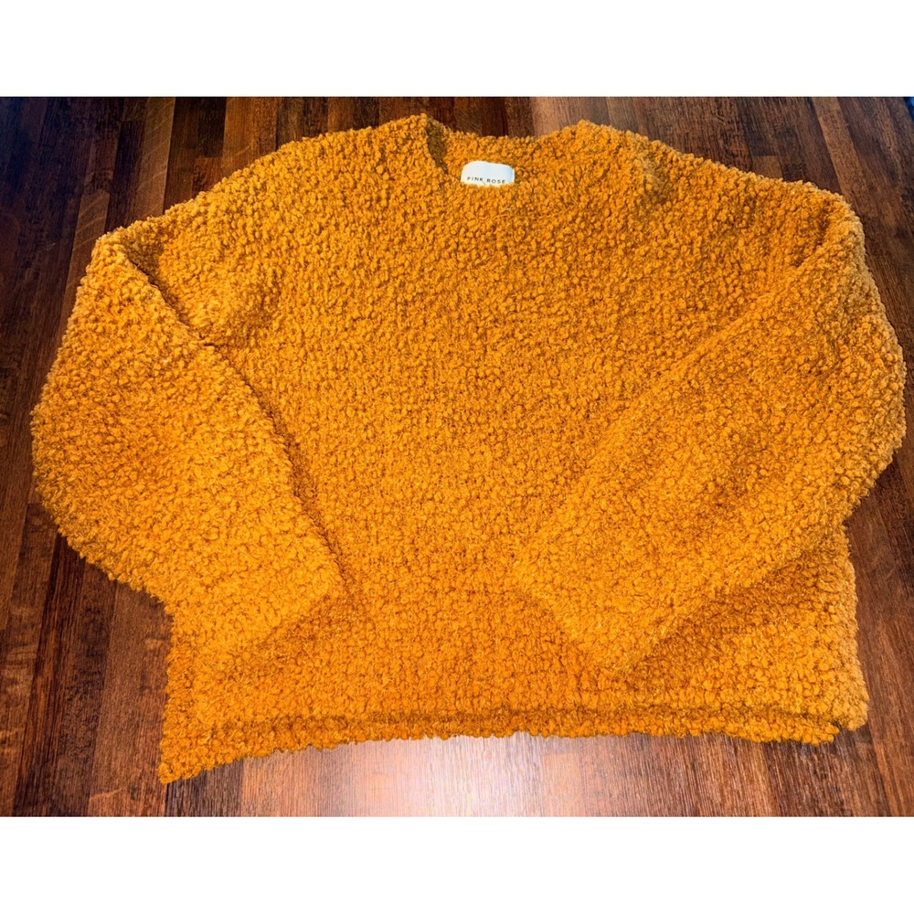 Pink Rose Mustard Yellow Popcorn Knit Sweater Womens Large Crewneck Pullover